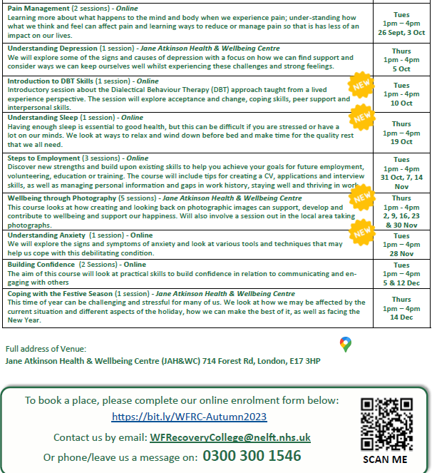 nelft_wfrc's tweet photo. Lots of new courses/workshop for this Autumn Term at the NELFT Waltham Forest Recovery College.  Use the link to book on: https://t.co/Yb2ZkKNaXS #NELFT #WalthamForest https://t.co/ULQfuuR3LU