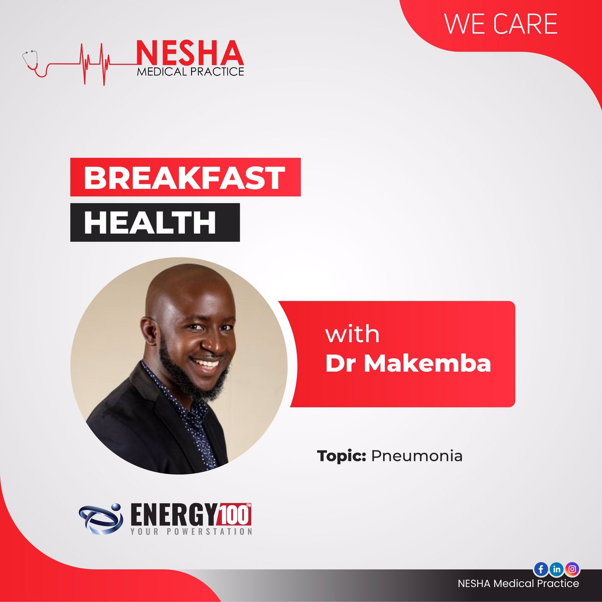 NeshaMedical's tweet photo. Join Dr Makemba as he discusses Pneumonia on energy100, Breakfast Health tomorrow morning at 07H30. https://t.co/J2HcJxwUC9