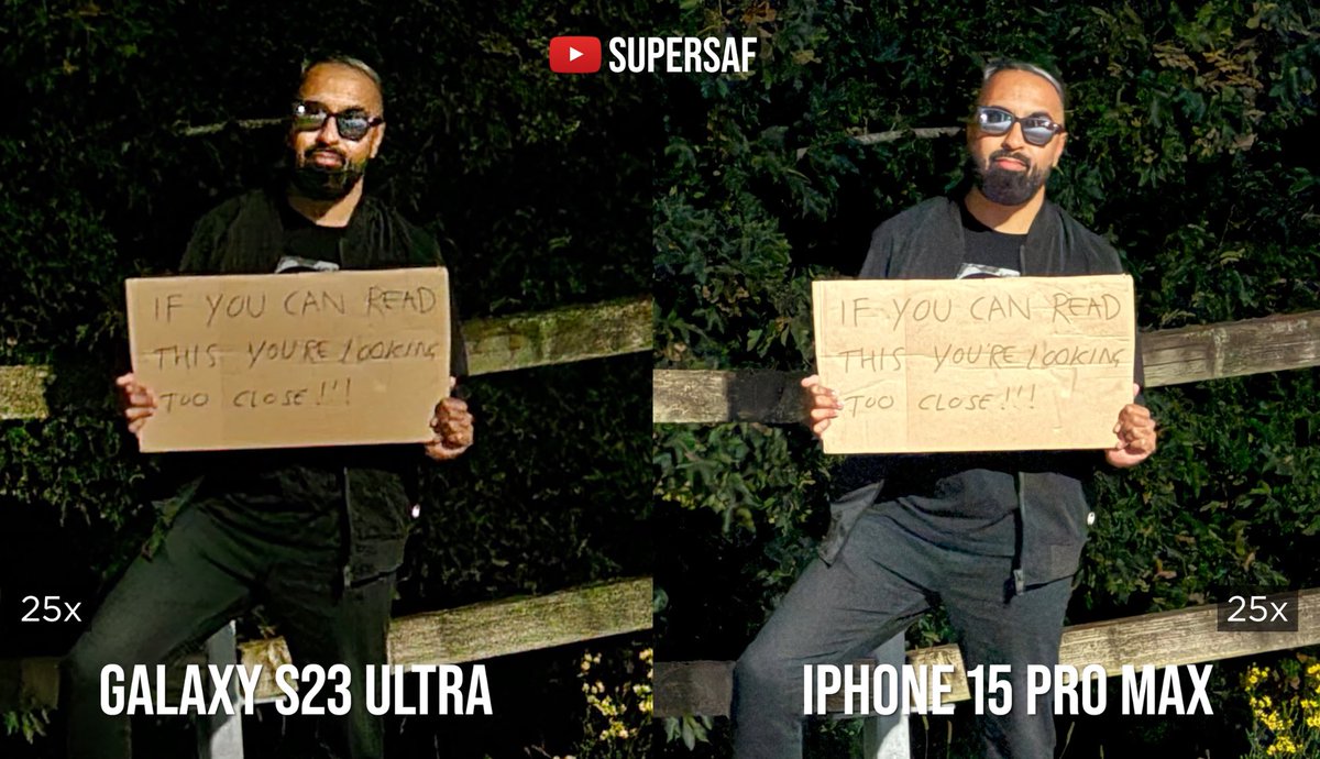 LeakerApple's tweet photo. iPhone 15 Pro Max is a great camera 🔥 

Smart HDR 5 not only rivals but also beats the S23 Ultra in many situations (image 1). This is a much needed update.

iPhone’s “next-Gen portraits” truly are Next-Gen. edge detection is on par and even exceeds the S23 Ultra (image 2). 

Zoom in low light is incredible, beating the S23 Ultra which has a 10x periscope lens (image 3). This is the benefit of the iPhone’s much larger f/2.8 aperture vs f/4.9 on the Galaxy.

Images via @SuperSaf