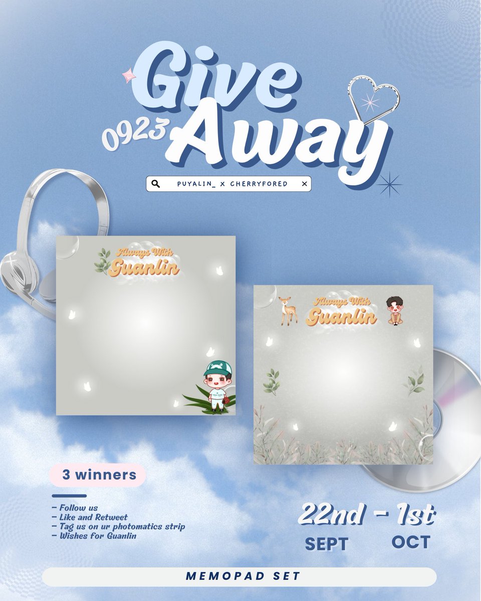 LAI GUANLIN’S BIRTHDAY GIVE AWAY
  by <a href="/puyalin_/">puya.</a> X <a href="/cherryfored/">Cherry 🍒🌱</a> !

ꔛ 3 winners for Memopad Set ꔛ

Rules :
— Follow us
— Like and RT this tweet
— Drop ur photomatics strip on reply (event on my pinned)
— Wishes for Guanlin
— Ends on Oct, 1st at 11:59PM JKT

#LAIKUANLIN #라이관린