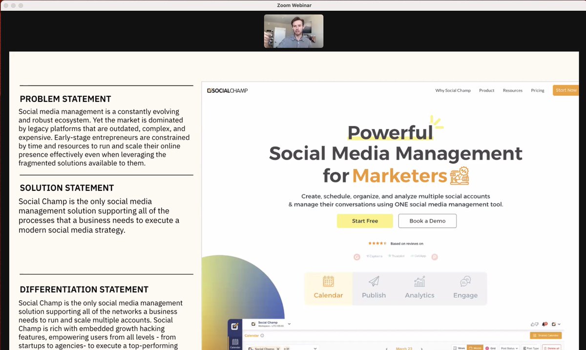 Sameerpeace's tweet photo. Super excited to share that @SocialChampSays  was selected in the top 5 martech tools by industry experts in "MarTech Buyer Pitch"! 📣

197 Martech companies applied, 25 went to the semi-finals, and 5 were selected to get feedback from executives/prospective buyers! 🚀

Congratulations on being top 5! 🏆
Kate Bradley Chernis, Anthony Kennada, JEFF ERNST, and Pranav Piyush!

Special thanks to Tim Parks (@segment /@twilio ) for really good feedback! ⚡
Also, loved the feedback from Kerry Ok (@auth0), Nathan Pitzer (@cartainc ), Rao Adavikolanu (https://t.co/a8VxTZ4Mmq), and Kelly Waldher (@Zendesk)!

#socialmediamarketing #founders #entreprenuers