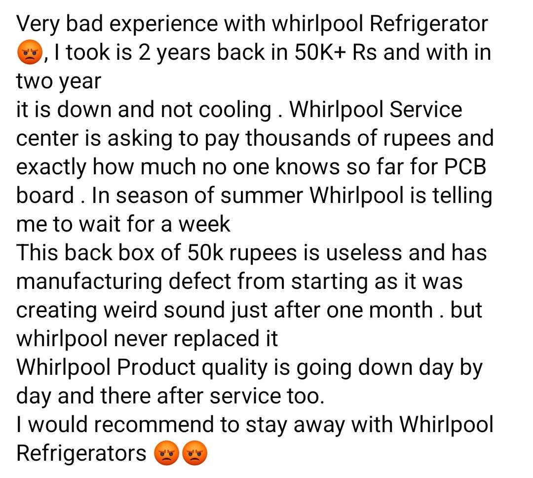 Abhisri85's tweet photo. Very bad experience.
I would recommend to stay away with Whirlpool Refrigerators
@whirlpool_india https://t.co/UOA4mXHjbM