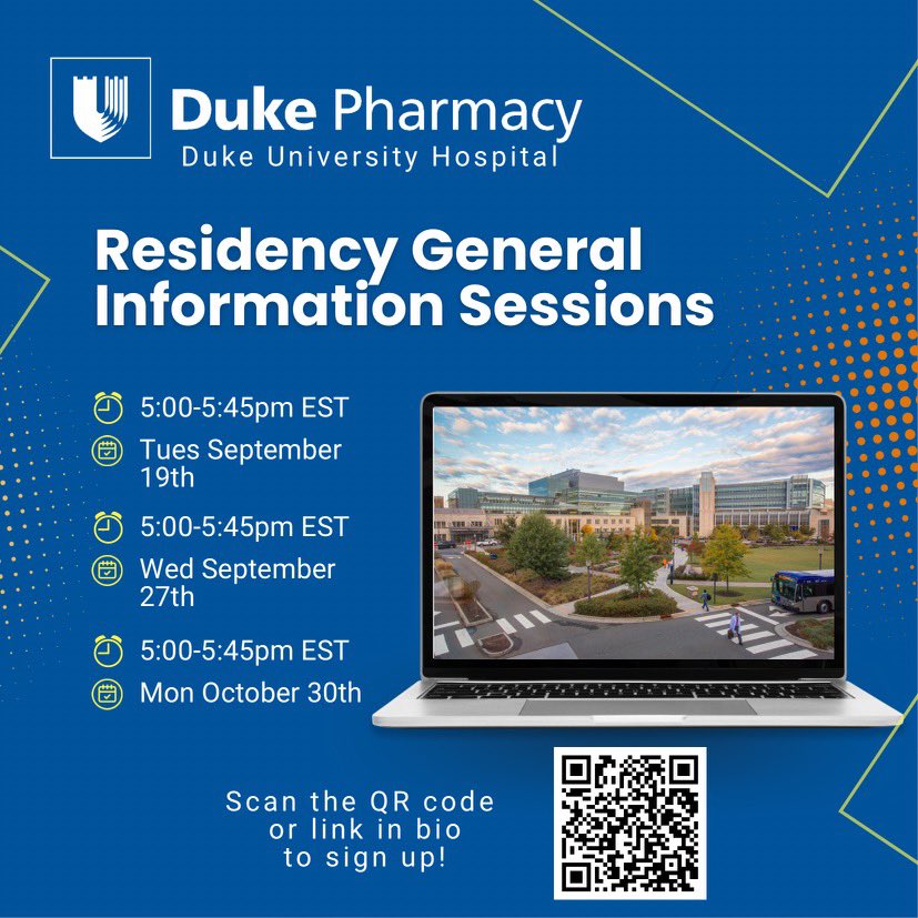 kuldip77's tweet photo. Pharmacy Graduates:
You are invited to join us at one of the remaining information sessions organized by our amazing Duke Pharmacy team. Sign-up to meet our residents, directors and preceptors and learn about why you should strongly consider our top notch residency programs. https://t.co/Mn1Fb9El0D