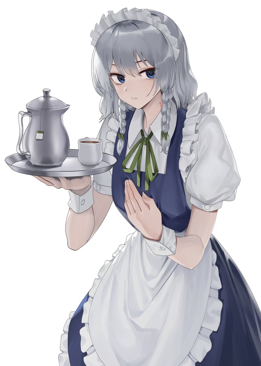 izayoi sakuya 1girl solo tray braid apron maid headdress grey hair  illustration images