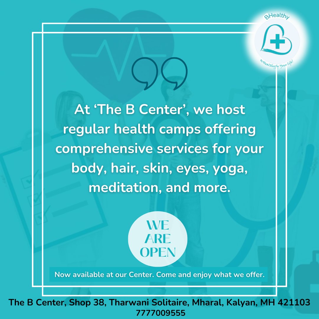 Discover Wellness Beyond Measure at our Regular Health Camps – All Your Needs, One Place, The B Center.

#WHealthyfy #BHealthy #TheBCenter #WellnessCamps #HealthyLiving #HolisticHealth #BCenterWellness #TotalWellness #HealthandWellbeing #MindBodyHealth #WellnessJourney