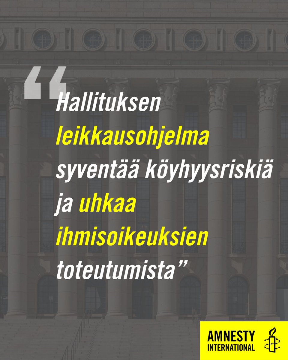 Hallitus on toteuttamassa laajoja leikkauksia sosiaaliturvaan. 
 
❗️ Leikkausohjelmasta päätettiin ilman, että esitettyjen muutosten yhteisvaikutuksia perus- ja ihmisoikeuksien toteutumiseen arvioitiin.

#budjettiriihi #ihmisoikeudet

1/5