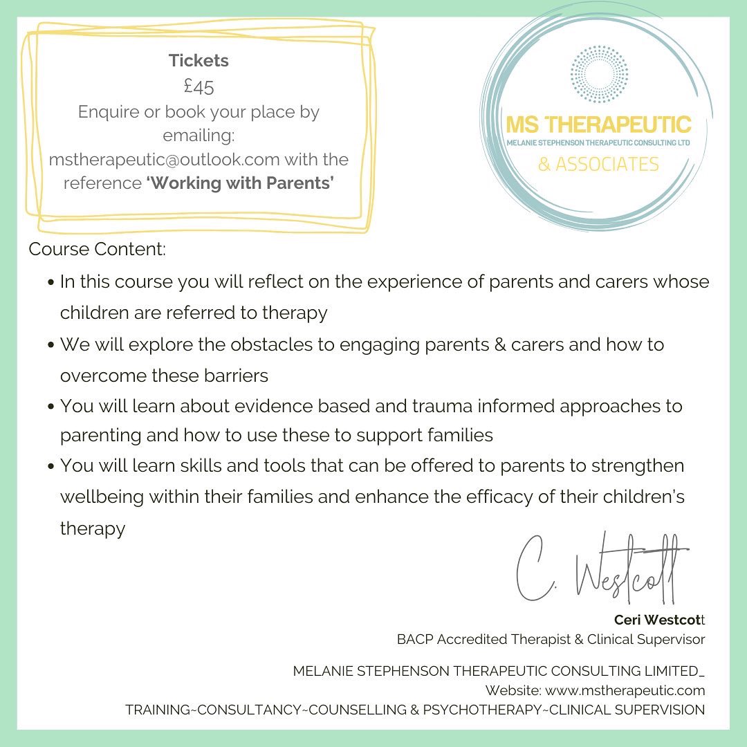 Mels1111's tweet photo. Launching the first of four training courses this academic year through MStherapeutic_!  

This incredible half-day course (online) is offered by our children &amp; families specialist Ceri Westcott 💙

#childrenandfamilies #counsellingandpsychotherapy #workingwithfamilies https://t.co/1xOv1ClM4y