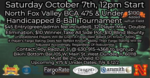 IllinoisPool's tweet image. 8 Ball Tournament
• 10/7/23 (12pm)
• West Dundee, IL (Bikini Bottom Bar)
• $45