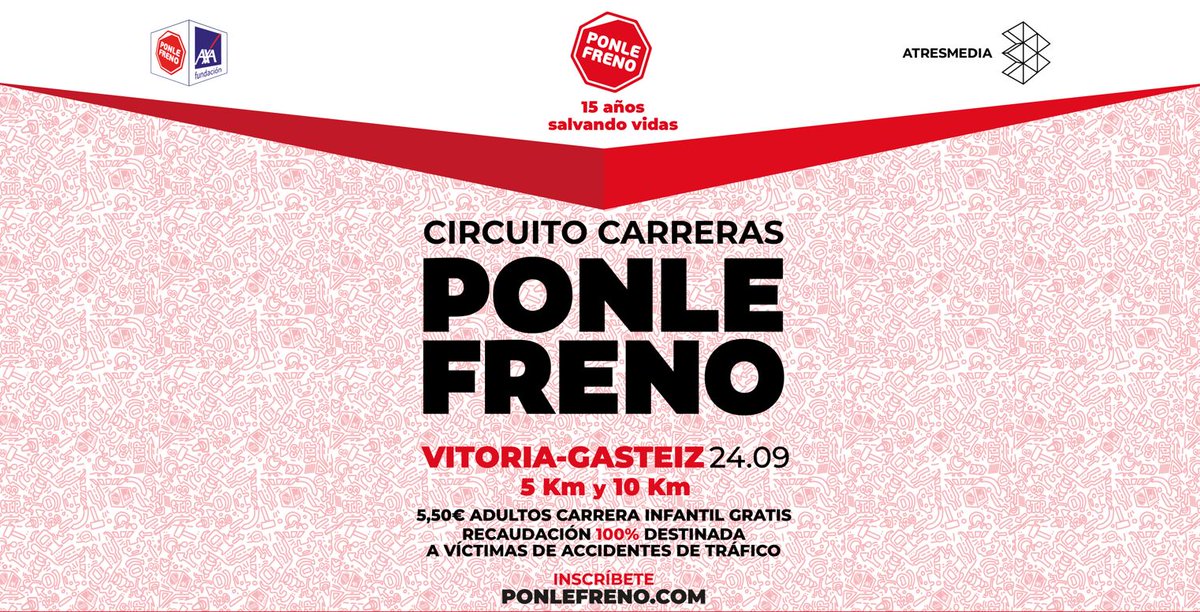 🔺CARRERA PONLE FRENO VITORIA🔺
El domingo, 24 de septiembrem corremos por las víctimas de tráfico en #Vitoria 

¡APÚNTATE YA! 👉🏼ow.ly/FkKG50PKyzz
