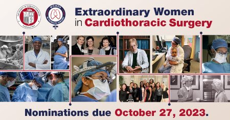 📣Nominate now for the 2024 Extraordinary Women in CT Surgery Award, cosponsored by @STS_CTsurgery & @WomenInThoracic, celebrating 🚺 surgeons who’ve achieved excellence in clinical practice and demonstrate integrity, leadership, creativity, and expertise in the specialty. 🔔🔔🔔