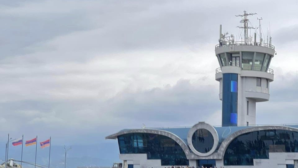 ProfBShaffer's tweet photo. Three flags side by side at Xocali airport: #Russia #Armenia and #Karabakh Armenians. Russia has kept this conflict alive to promote its interests. It is telling that Ukraine, Georgia and Moldova all support #Azerbaijan in the conflict. They know how Russia works to foster conflict in their countries.