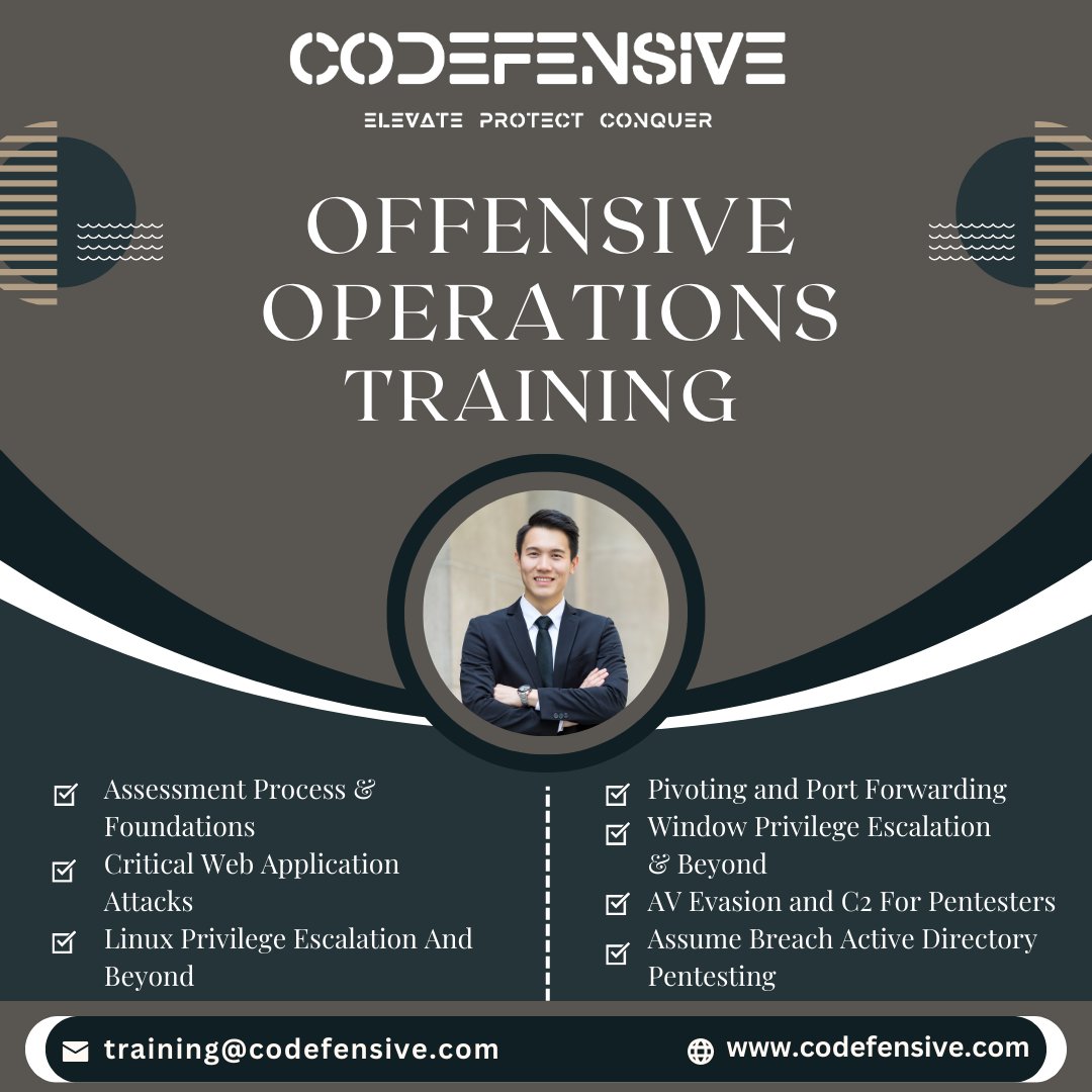 Unleash your Full Potential with our Offensive Operations Training Course!

#codefensive #cyberdefense #itsecurity #cybersecuritytraining #itsecuritysolutions
#offensivectf #CyberDefense #offensiveoperations
#informationsecurity #pentesting #networksecurity #ITsecurity