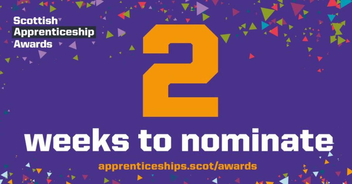 ⌛️ Scottish Apprenticeship Awards - 2 WEEKS TO GO⌛️
Only 2 weeks left to make your nominations for the #ScotAppAwards!
That still gives you time to recognise the achievements of your outstanding apprentices!
Visit apprenticeships.scot/events/scottis… for all the info!!