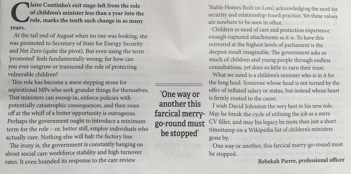 Rebekah Pierre (@rebekahpierre92) on Twitter photo My challenge to new Children’s Minister David Johnston <a href="/david4wantage/">David Johnston OBE</a> in this month’s Professional Social Work Mag.
You’re the 10th Children’s Minister in a decade.
Will you be the one to stop the farcical merry-go-round? Stability has never been more lacking. Or more crucial. My challenge to new Children’s Minister David Johnston <a href="/david4wantage/">David Johnston OBE</a> in this month’s Professional Social Work Mag.
You’re the 10th Children’s Minister in a decade.
Will you be the one to stop the farcical merry-go-round? Stability has never been more lacking. Or more crucial.