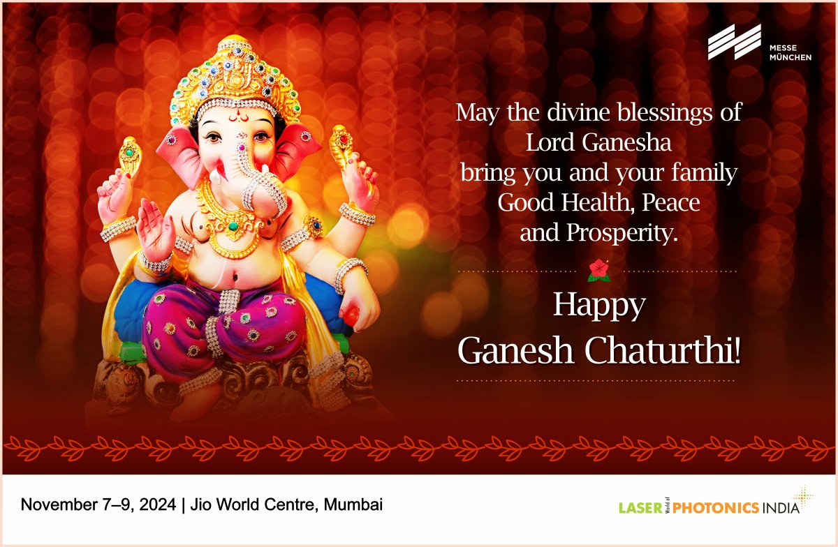 LWOPIndia's tweet photo. Wishing you all a very happy, bright, and prosperous Ganesh Chaturthi from LASER World of PHOTONICS INDIA.

May the blessing of bappa fill your life with happiness and illuminate the path to innovation and success.

"Ganpati Bappa Morya"

#ganeshchaturthi #ganeshchaturthi2023 https://t.co/ek97XaG7G8