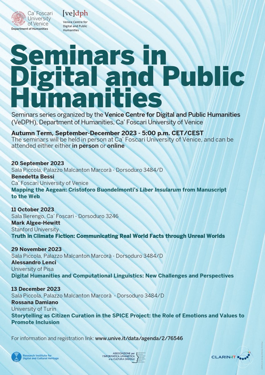 VeDPH (@venicedph) on Twitter photo All is ready for our new seminars series!
From today, 20 Sep, to 13 Dec.
In English, either in person at <a href="/CaFoscari/">Unive Ca' Foscari</a> or on Zoom.
Full programme: unive.it/data/agenda/2/…
Today's seminar by Benedetta Bessi: unive.it/data/agenda/2/…
Everyone's invited! All is ready for our new seminars series!
From today, 20 Sep, to 13 Dec.
In English, either in person at <a href="/CaFoscari/">Unive Ca' Foscari</a> or on Zoom.
Full programme: unive.it/data/agenda/2/…
Today's seminar by Benedetta Bessi: unive.it/data/agenda/2/…
Everyone's invited!