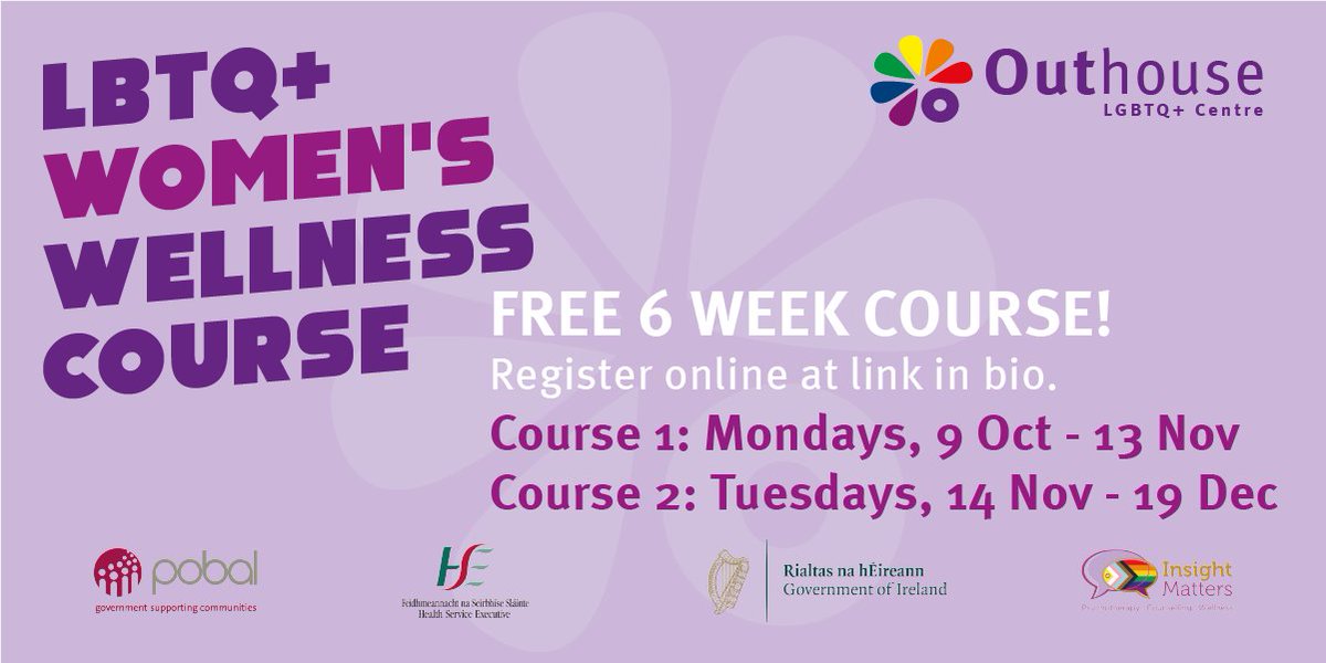 ⚡New LBTQ+ Women's Personal Development Course (Ages 24+) , free 6 week course, is available to book now!

Register at
outhouse.ie/lgbtqia-womens…

🗓Course Dates
- Starting Mon 9 Oct2023
- Starting Tues 14 November 2023

The course is facilitated by <a href="/Insight_Matters/">Insight Matters</a>

#wellness