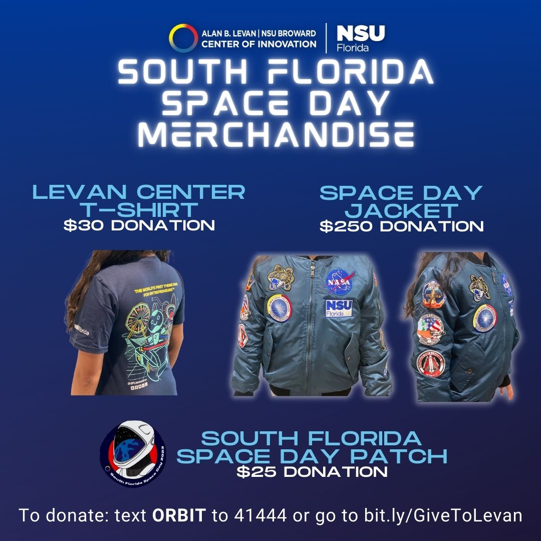 South Florida Space Day, sponsored by @amazon is tomorrow, and to celebrate, we’ve got some stellar #space swag available! When you are ready to make a difference, please make a donation at bit.ly/GiveToLevan or stop by our merch table on Thursday!