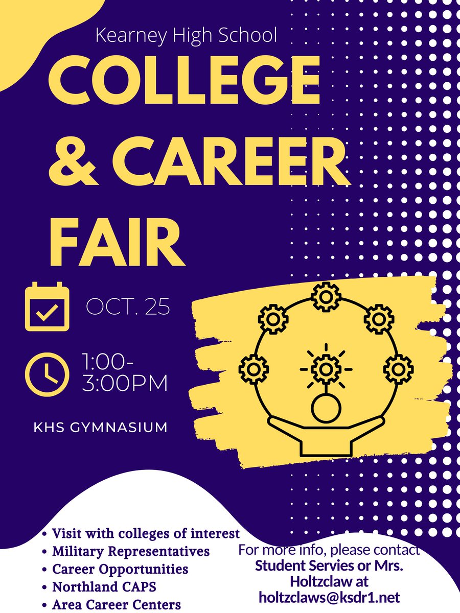 KHS is hosting a College &amp; Career Fair for all of our students on Wednesday October 25th. Our schedule will be adjusted so all students can attend! <a href="/BulldogsKHS/">Kearney High School</a>