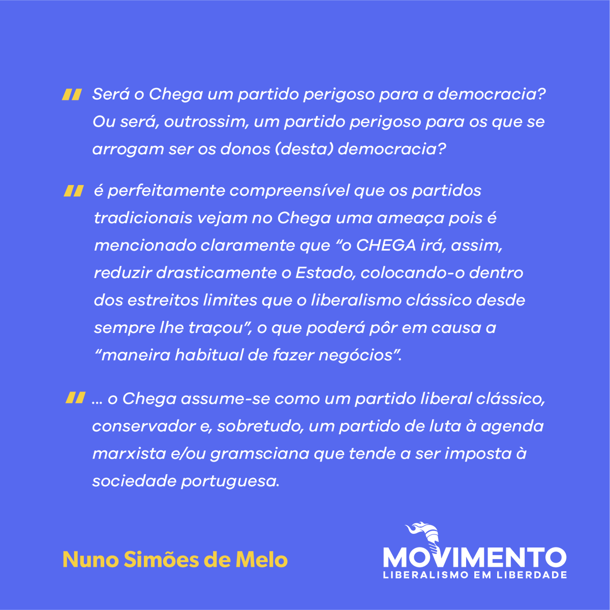 Para Nuno Simões de Melo "o Chega assume-se como um partido liberal clássico, conservador" sendo por isso "perfeitamente compreensível que os partidos tradicionais vejam no Chega uma ameaça".

observador.pt/opiniao/romper…

#liberalismoemliberdade