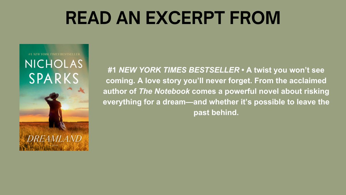 randomhouse's tweet photo. Dive into today's #MorningMustRead excerpt, DREAMLAND by Nicholas Sparks - out now in paperback!
Start reading here:
https://t.co/zNC4qQPZgB https://t.co/euDLrKIRrm