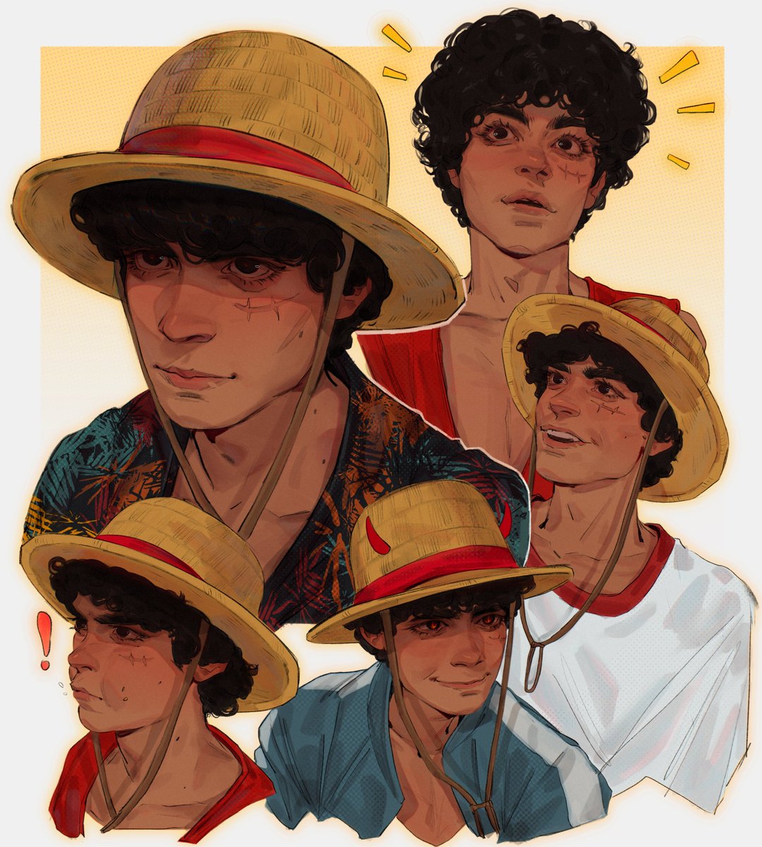 1boy hat scar male focus black hair shirt straw hat  illustration images