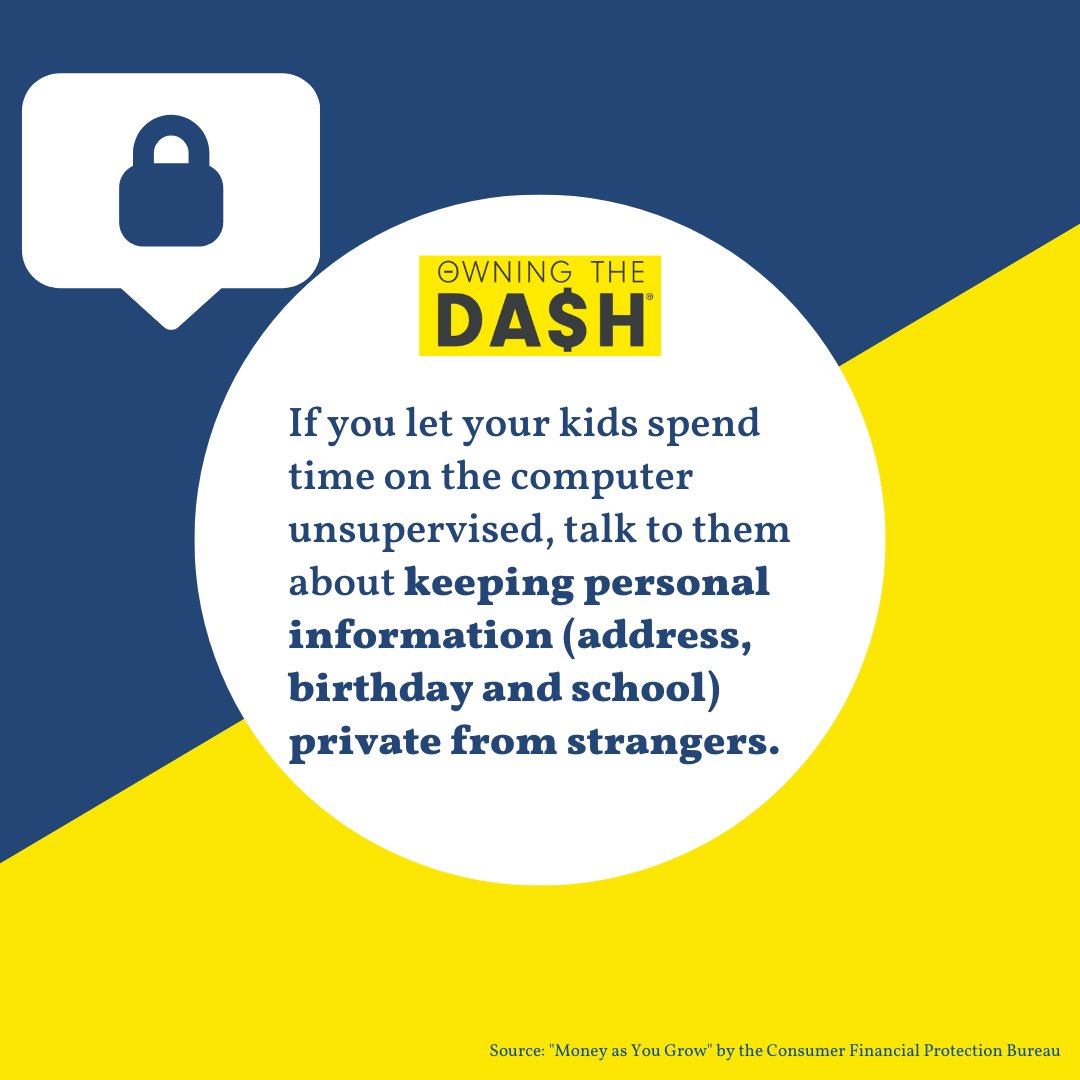 OwningtheDash's tweet photo. If you let your kids spend time on the computer unsupervised, talk to them about keeping personal information (address, birthday and school) private from strangers. #dadvisor #parenttips #parentingtips #owningthedash https://t.co/C3QSnfxRRL