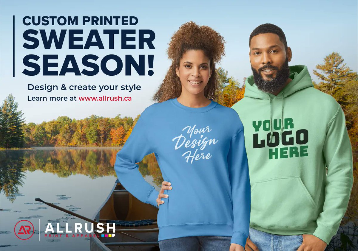 AllRush's tweet photo. Sweater season is here, and what better way to celebrate than with a custom sweater that reflects your personality and style! Design your own hoodie, crewneck, or zip-up, you can find a variety of options and colors to suit your needs. Visit https://t.co/mMjTl1QHm4 #yyc #sweater https://t.co/Hx5MRxdOg4