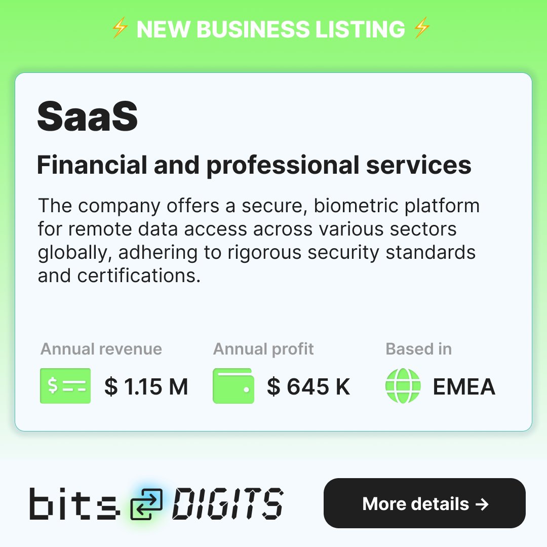 BitsForDigits's tweet image. ⚡️ New Business Listing ⚡️
SaaS | Financial and professional services
$ 1.15 M annual revenue | $ 645 K annual profit 💰
Find them at
buff.ly/3Q7oFmW
#businessforsale #internet #startups #buyers #sellers #BitsForDigits #privateequity #entrepreneurship #content
