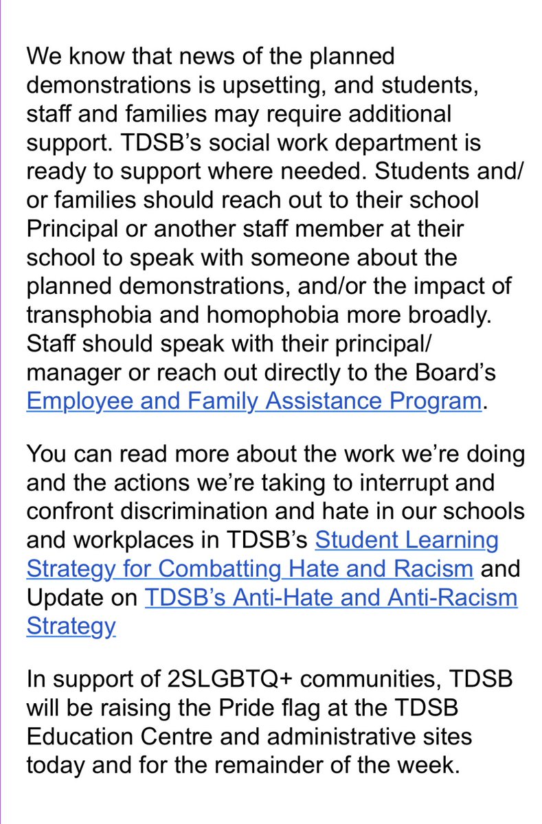 Still waiting for our own Windsor-Essex <a href="/gecdsbpro/">GECDSB PR</a> school board to issue a similar statement; Toronto sent this out yesterday. Well done, TDSB, thank you for boldly and clearly stating your support of the LGBTQ+ community and denouncing these unacceptable and dangerous protests.