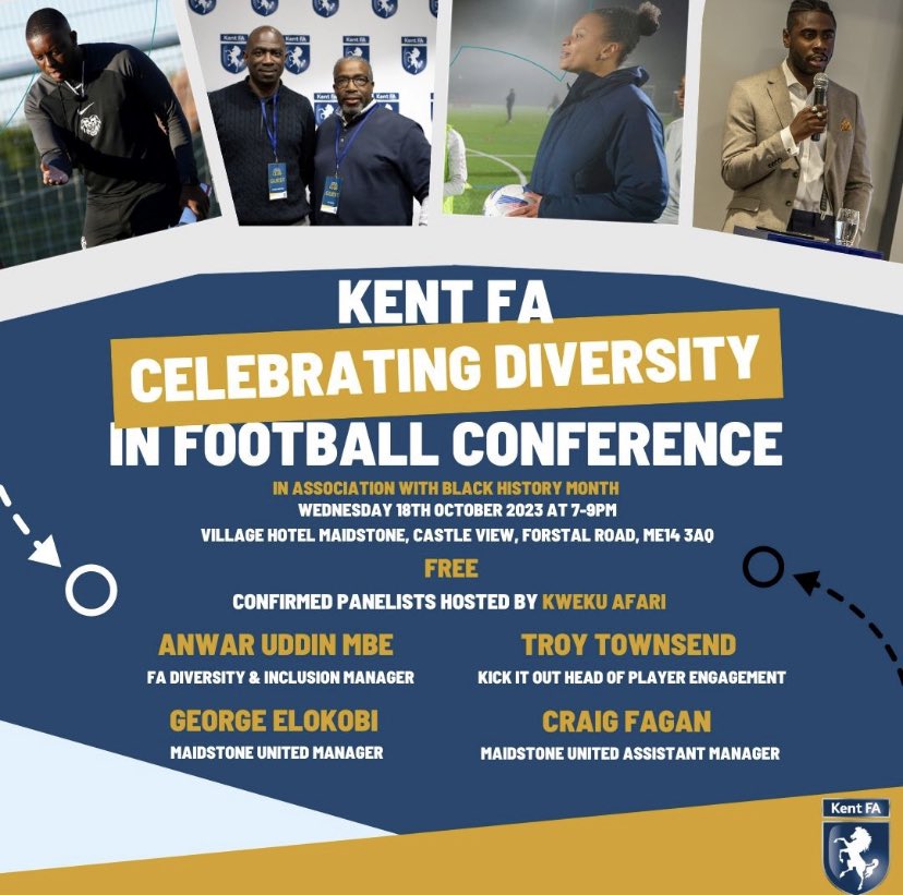 Delighted to announce the 1st <a href="/KentFA/">Kent FA ⚽</a> Celebrating Diversity In Football Conference, for grassroots coaches and workforce in Kent!

<a href="/Kweku_Afari/">Kweku Afari</a> hosts discussions with <a href="/Towno10/">𝐓𝐫𝐨𝐲 𝐓𝐨𝐰𝐧𝐬𝐞𝐧𝐝 MBE</a> <a href="/AnwarU01/">Anwar Uddin MBE</a> <a href="/georgeelokobi/">George Elokobi</a> <a href="/Craigfagan7/">Craig Fagan</a>

Sign up now for FREE! 🙌⚽️

forms.office.com/Pages/Response…