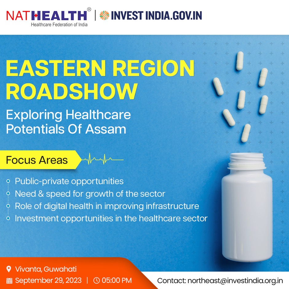 investindia's tweet photo. Join the Eastern Region Roadshow at Guwahati to participate in a riveting discussion on the #healthcare priorities, needs and challenges in #Assam.

Register now! https://t.co/gsBQAHKUZJ

#InvestInIndia #InvestInAssam #MedTech @MoHFW_INDIA @mansukhmandviya @CMOfficeAssam https://t.co/39RT2EqT0X