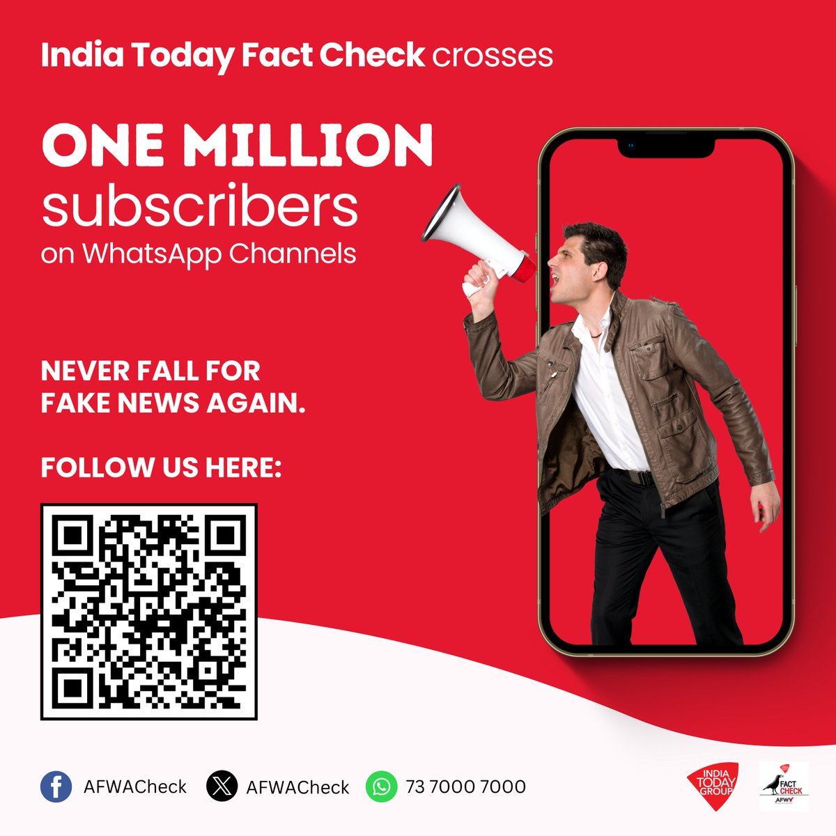 IndiaToday's tweet photo. .@AFWACheck becomes the first Indian fact-check organisation to surpass the million mark on WhatsApp Channels - and just in a week!

Follow here and share this with friends &amp; family: https://t.co/2HHjfpUrZs https://t.co/rUEY2TKY22
