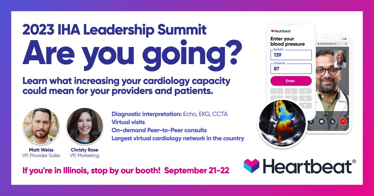 Will you be at the Illinois Health and Hospital Association's conference later this week?  Stop by the Heartbeat booth and learn how we're helping create cardiology capacity for provider organizations.  #healthcare #cardiology #afibawareness