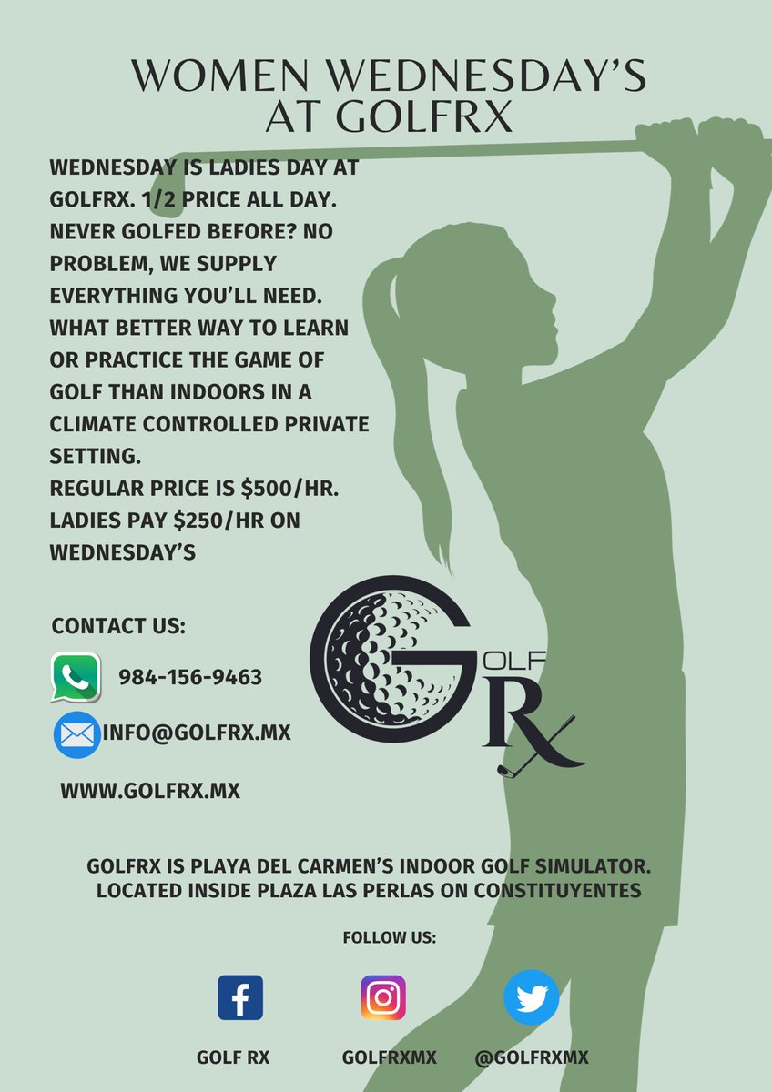GolfRxMx's tweet photo. It’s Ladies day at GolfRx! Half price hours all day. Only$250/HR. Come check us out. We supply everything! 
WhatsApp: 984-156-9463
Email: info@golfrx.mx
#golf #playadelcarmen #playagolf #womensgolf #women #mexico #mexicogolf #golfmexico #learn #learngolf #golfrx https://t.co/uTBh3kqbBr