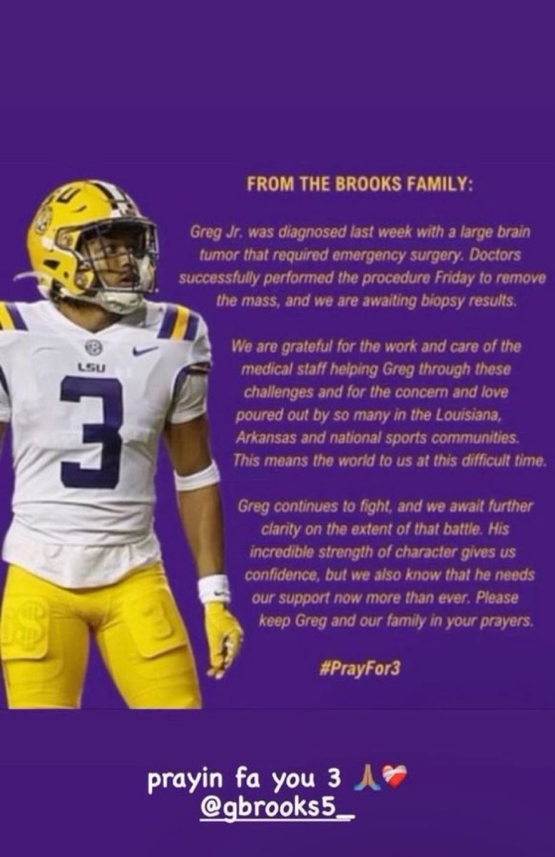 Dov Kleiman (@nfl_dovkleiman) on Twitter photo Sad news: LSU Defensive Back Greg Brooks Jr. shares that he had a large brain tumor that required emergency surgery, according to <a href="/JacquesDoucet/">Jacques Doucet</a>
“Greg continues to fight and we await further clarity of that battle,”
The family says they're waiting for biopsy results. Sad news: LSU Defensive Back Greg Brooks Jr. shares that he had a large brain tumor that required emergency surgery, according to <a href="/JacquesDoucet/">Jacques Doucet</a>
“Greg continues to fight and we await further clarity of that battle,”
The family says they're waiting for biopsy results.