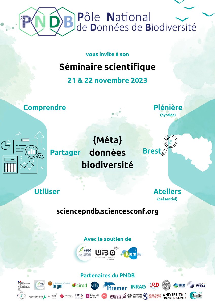 Pôle National de Données de Biodiversité - PNDB (@pndbiodiv) on Twitter photo 📢Ouverture des inscriptions pour le #séminaire que le #PNDB organise sur la compréhension, le partage et l'utilisation des {méta}#données de #biodiversité
📍Campus de #Plouzané & #Brest
📅21 & 22 novembre
🚨max. 100 pers.
➡informations & inscriptions sciencepndb.sciencesconf.org 📢Ouverture des inscriptions pour le #séminaire que le #PNDB organise sur la compréhension, le partage et l'utilisation des {méta}#données de #biodiversité
📍Campus de #Plouzané & #Brest
📅21 & 22 novembre
🚨max. 100 pers.
➡informations & inscriptions sciencepndb.sciencesconf.org