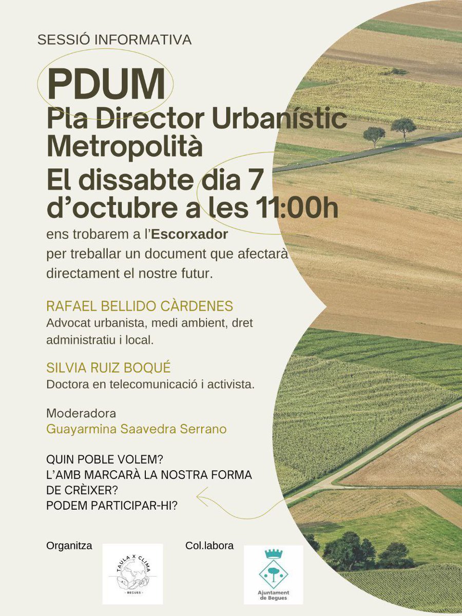AteneuBegues's tweet photo. Tot el que ens cal saber envers el futur de Begues, dissabte 7 d’octubre a l’Escorxador. 🚨Ens hi va la vida!🚨

Organitzat per @TPelClimaBegues https://t.co/ye3orRWUue