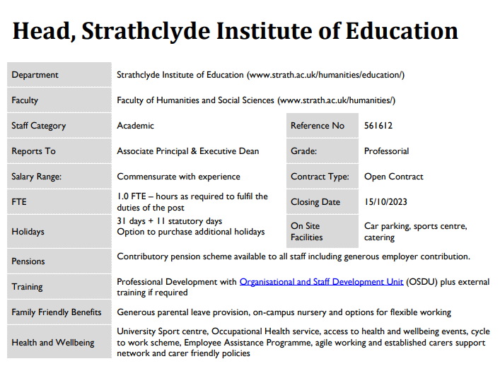 Strathclyde Institute of Education (@strathedu) on Twitter photo We are recruiting for the Head of Strathclyde Institute of Education.
🗓️Closing date 15th October
❓ Informal enquiries to hass-deansoffice@strath.ac.uk
🌐Further details and to apply
strathvacancies.engageats.co.uk We are recruiting for the Head of Strathclyde Institute of Education.
🗓️Closing date 15th October
❓ Informal enquiries to hass-deansoffice@strath.ac.uk
🌐Further details and to apply
strathvacancies.engageats.co.uk
