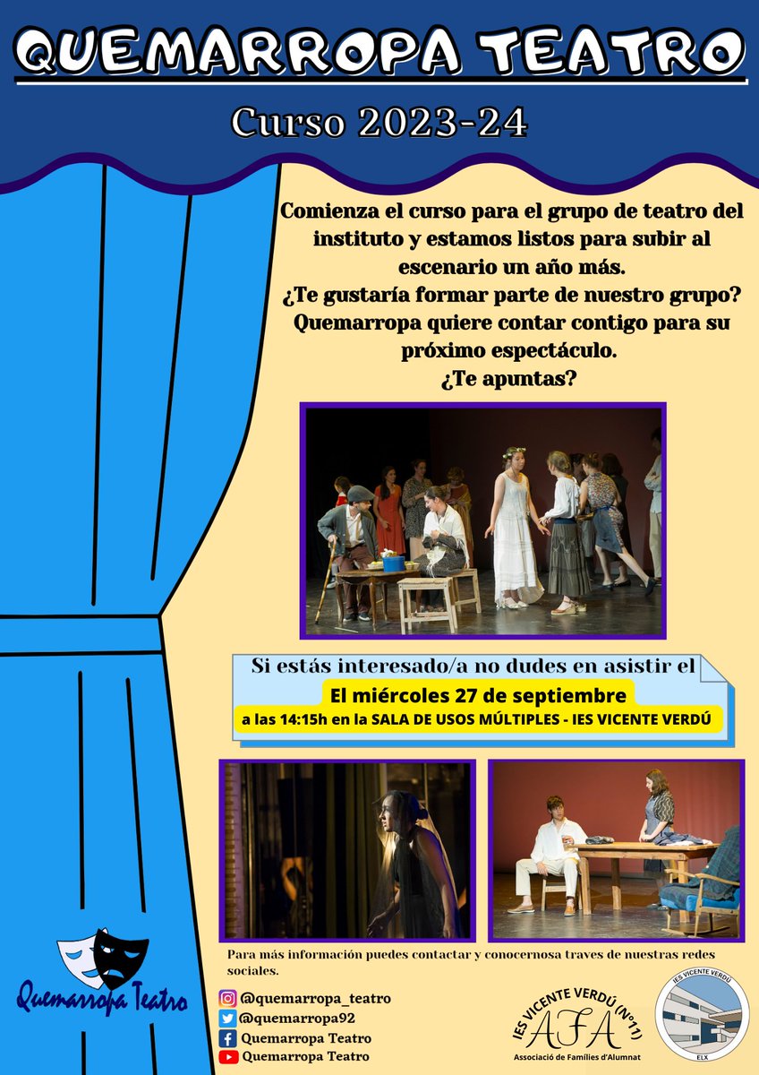 quemarropa92's tweet photo. Comienza el curso para el grupo de teatro del instituto y estamos listos para subir al escenario un año mas.
¿Te gustaría formar parte de nuestro grupo?
Quemarropa quiere contar contigo para su proximo espectáculo.
¿Te apuntas? https://t.co/k5yrrNM2b8