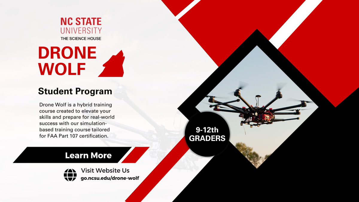 TheScienceHouse's tweet photo. Calling all high school students looking for an exciting challenge! Today is your LAST CHANCE to get involved in Drone Wolf🐺, the new online, hybrid training program @NCState!
Apply now at https://t.co/RuukCk4qQc
#NCState #TheScienceHouse @NCStateSciences https://t.co/zhz8QAY5dB