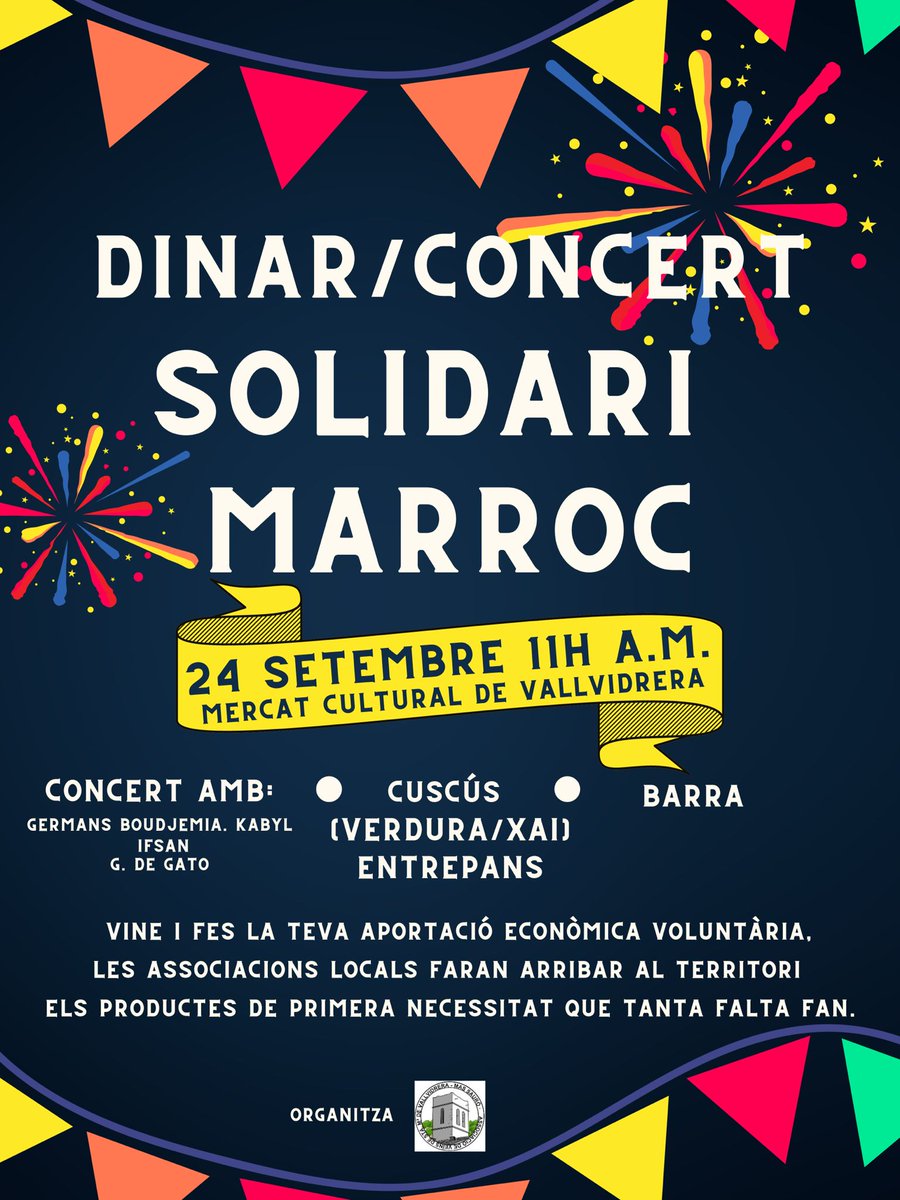 📢‼️Aquest diumenge 24/7, conjuntament amb Mas Pins, organitzem un CONCERT-DINAR SOLIDARI AMB EL MARROC 🇲🇦
Passeu una estona pel Mercat de Vallvidrera a escoltar música, dinar, beure alguna cosa i,  sobre tot, mostrar la teva solidaritat amb els nostres veïns!