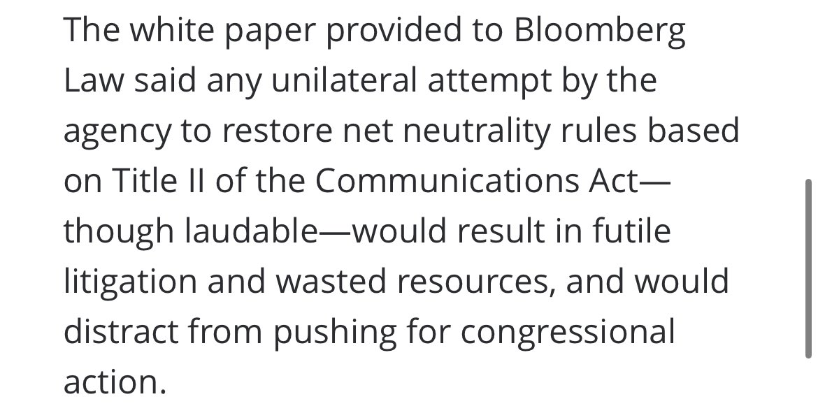 🧵Two of President Obama's solicitor generals say FCC would be wasting its time reinstating Title II "#NetNeutrality" 

They note SCOTUS major questions doctrine preventing agencies from imposing regulations not authorized by Congress.

news.bloomberglaw.com/business-and-p…