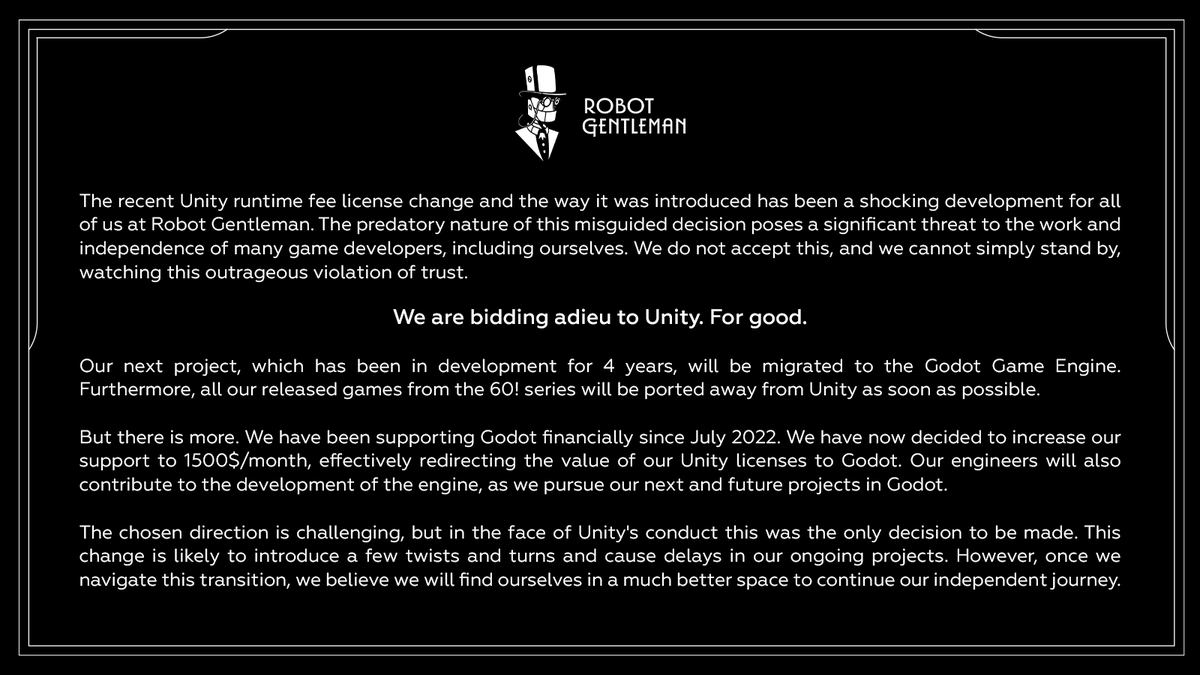 Here is our statement regarding <a href="/unity/">Unity</a> policy changes:

#godot #unity