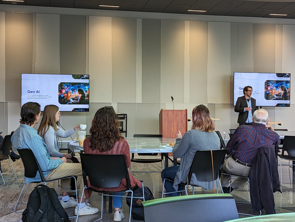 mcbeev's tweet image. Next up for #TechWeekGR, @devonbleibtrey speaking on Gen AI at @grcc Applied Tech Center. Great space! Catch my talk at 11:00 am if you are around. #westmichigan #tech