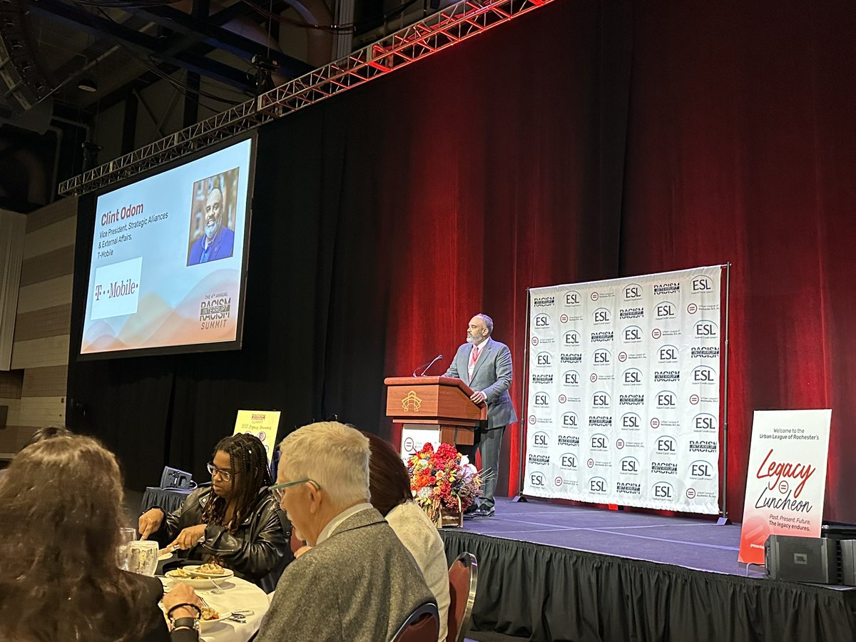 Incredible luncheon yesterday at @urbanleagueroc's #INTERRUPTRACISM summit. Such a powerful keynote speech from Rev. Nontombi Naomi Tutu. Grateful to have the opportunity to attend alongside @ClintEOdom and several of our @TMobile #RochesterCEC team members 🙏