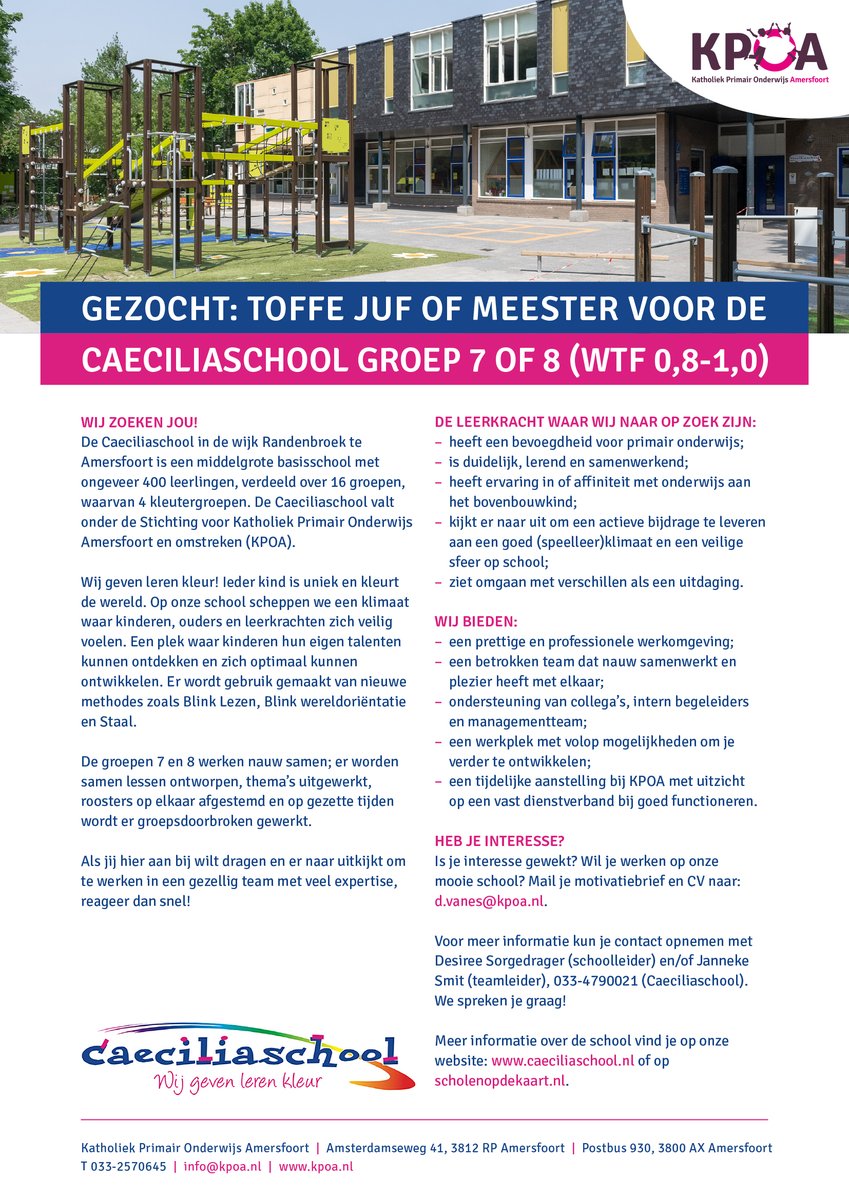 De Caeciliaschool is op zoek naar een toffe leerkracht voor groep 7 of 8 (WFT 0,8-1,0). Kom jij ons team versterken?! :)
