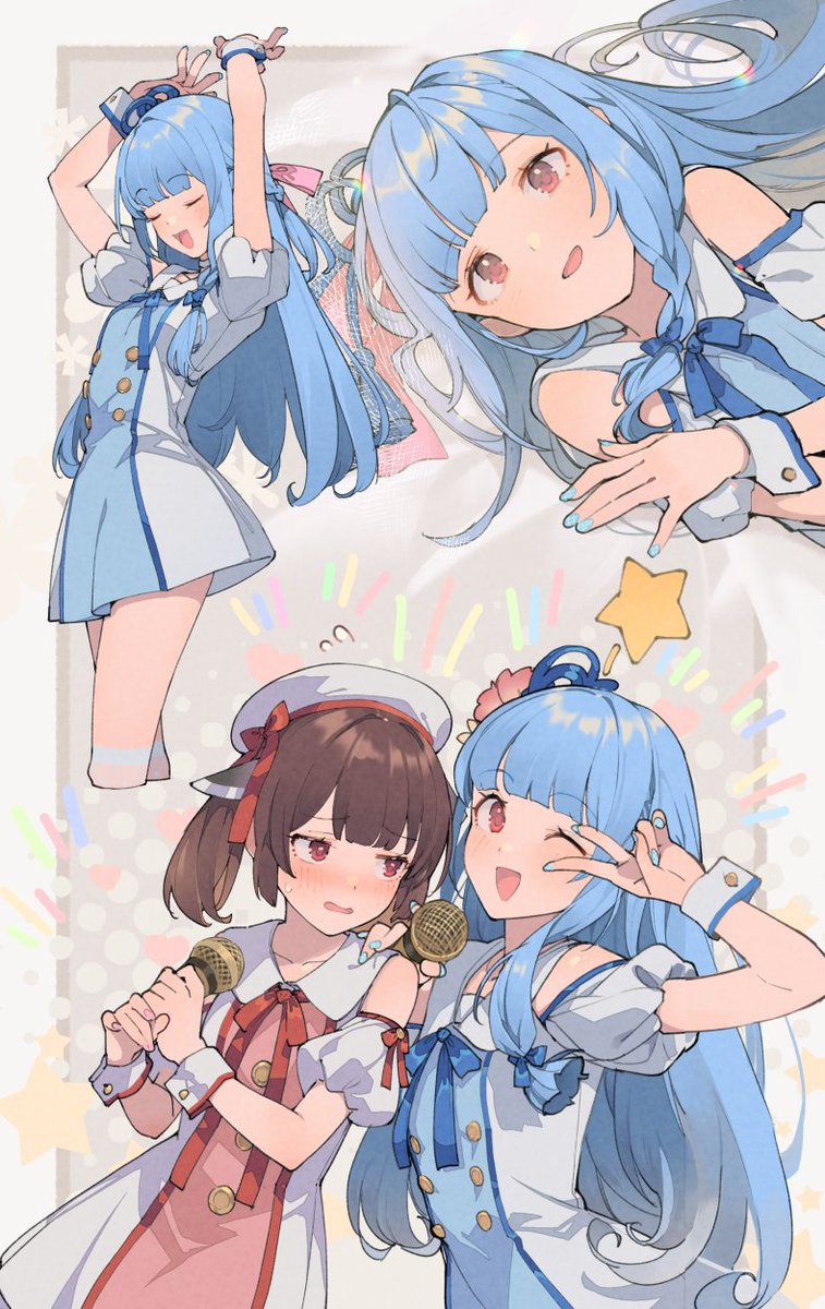 kotonoha aoi multiple girls 2girls long hair blue hair hat microphone one eye closed  illustration images