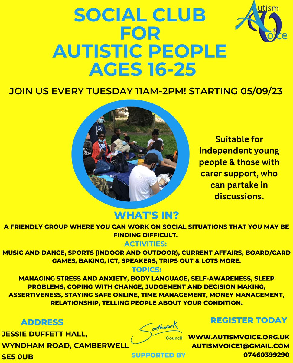 If you're autistic or with any other neurodiversity, feeling alone or just trying to put things into perspective, join our weekly social club &amp; monthly trips out for 16-25 in Lambeth or Southwark. No matter the club you join, the support wld be exceptional. #AutismAcceptance
