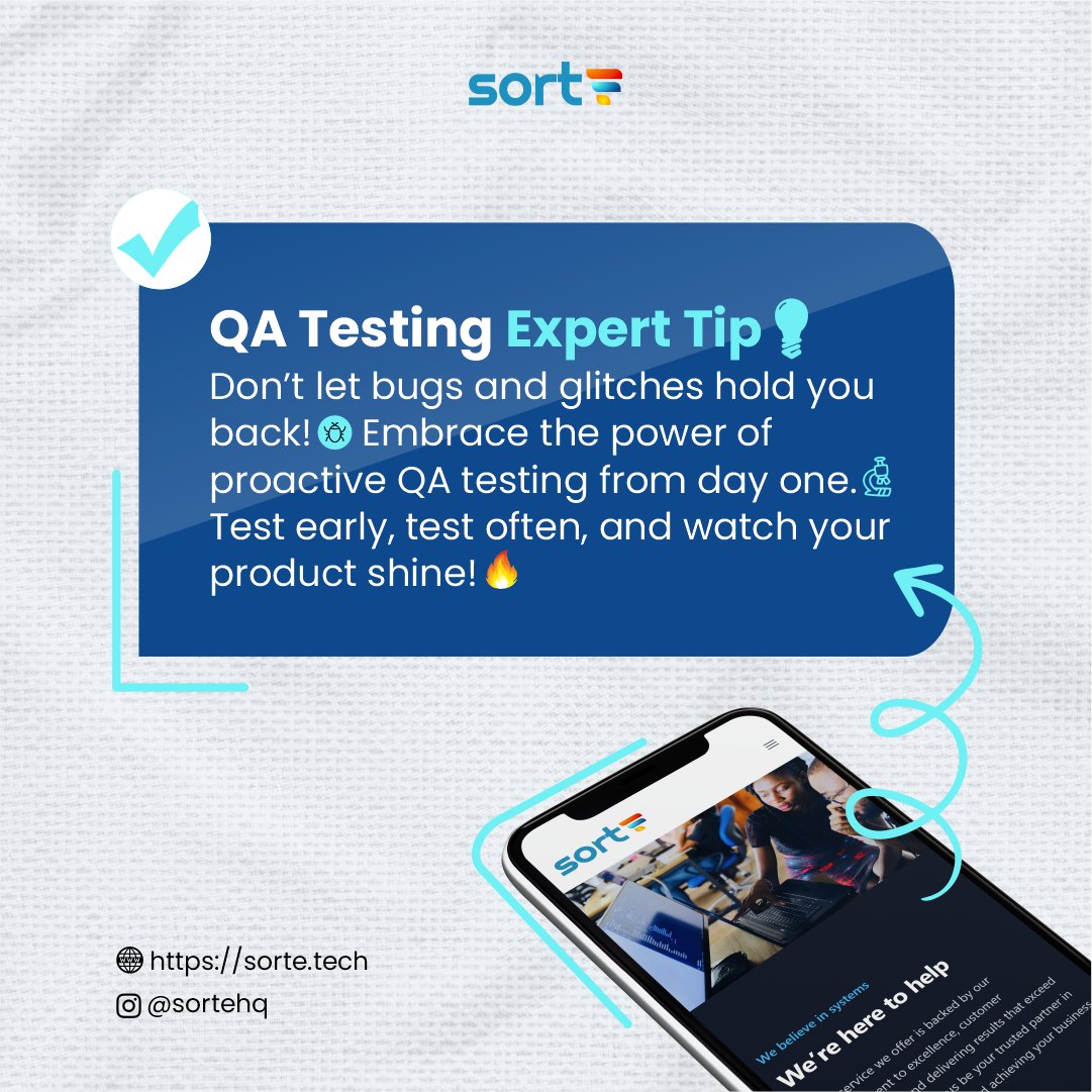 sortehq's tweet image. Ready to skyrocket your startup’s success? 🔥
With our proactive QA testing, we've got you covered with a bug-free journey!
Don't wait, get in touch and let's ensure your product’s success! ✨
#qatesting #errorfreecoding #codingtips #qatips